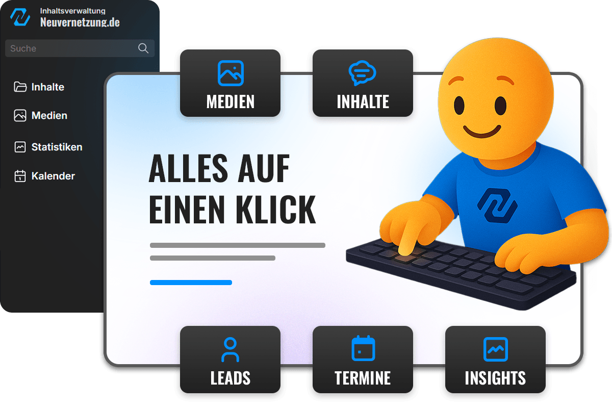 Benutzeroberfläche von Neuvernetzung.de mit Symbolen für Inhalte, Medien, Kalender und Figur an Tastatur.